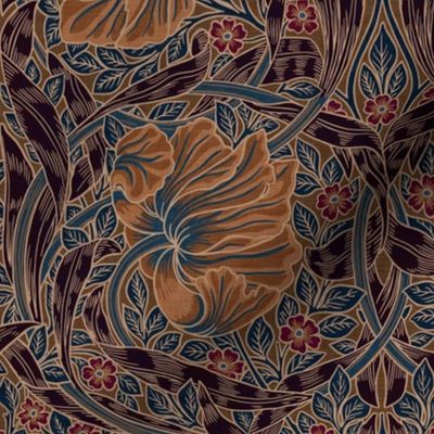 Pimpernel - MEDIUM - historic antiqued restored reconstruction  dark moody florals damask by William Morris -  Pimpernell teal brown copper dark with linen effect adaption - Pimpernell victorian fabric and wallpaper Antiqued art nouveau art deco
