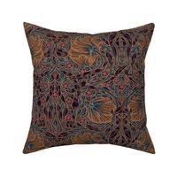 Pimpernel - MEDIUM - historic antiqued restored reconstruction  dark moody florals damask by William Morris -  Pimpernell teal brown copper dark with linen effect adaption - Pimpernell victorian fabric and wallpaper Antiqued art nouveau art deco