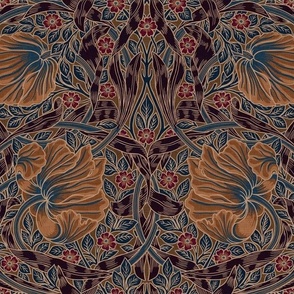Pimpernel - MEDIUM - historic antiqued restored reconstruction  dark moody florals damask by William Morris -  Pimpernell teal brown copper dark with linen effect adaption - Pimpernell fabric and wallpaper Antiqued art nouveau art deco