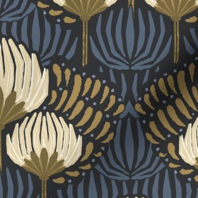 1920s Luxury Deco Floral  - Black, Cream, Gold, Blue - Large