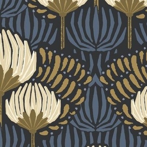 1920s Luxury Deco Floral  - Black, Cream, Gold, Blue - Large
