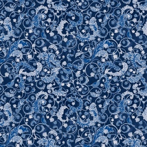 blue and white songbirds floral buds and leaves denim blue off white