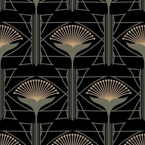 Art Deco Geometric Floral in Black, Green and Beige Paducaru