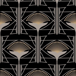 Art  Deco Geometric Floral in Blak, Mauve Gray and Tan Paducaru