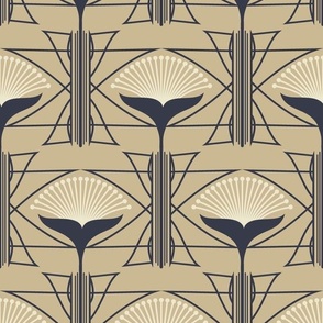 Art Deco Geometric Floral in Tan, Navy and Beige Paducaru