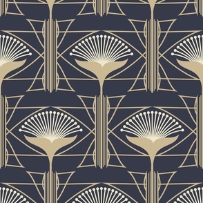 Art Deco Geometric Floral in Navy, Tan and Beige Paducaru