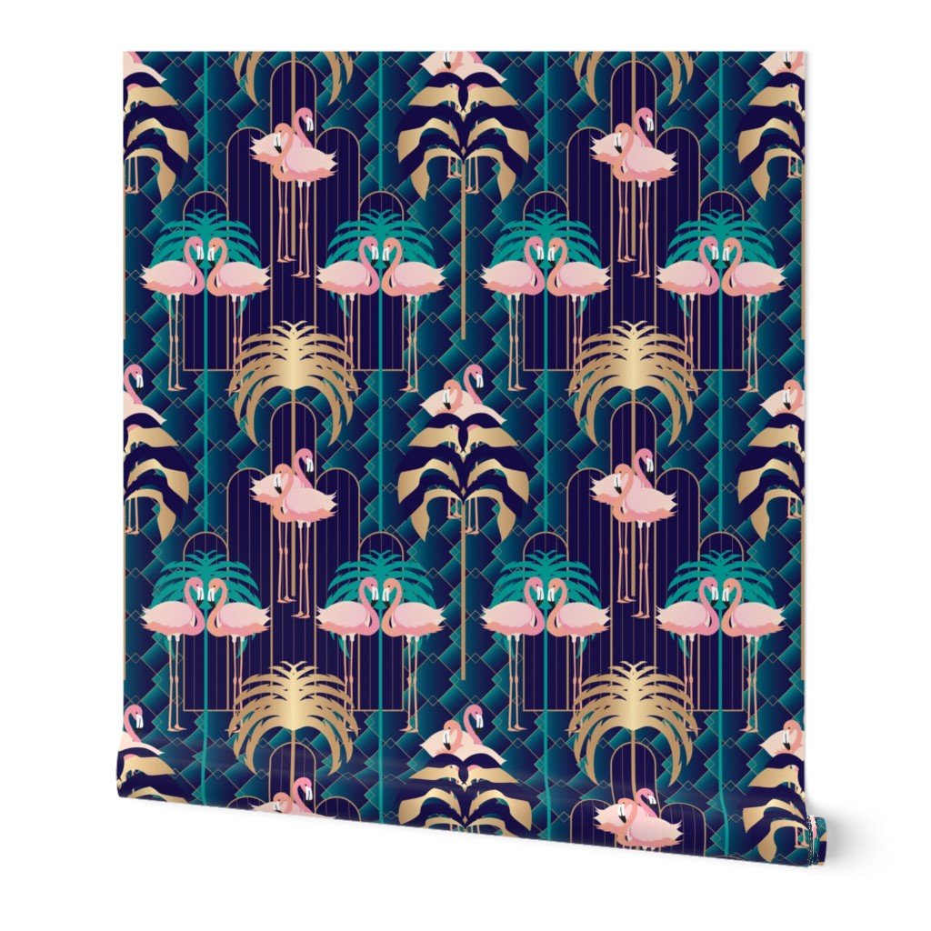 Art Deco Flamingo Palm Trees Diamond Wallpaper | Spoonflower