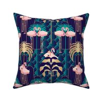 Art Deco Flamingo Palm Trees Diamond Arches Navy Pink Gold Wallpaper