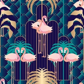 Art Deco Flamingo Palm Trees Diamond Arches Navy Pink Gold Wallpaper