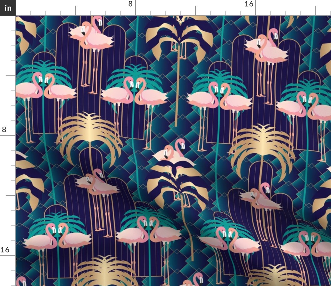 Art Deco Flamingo Palm Trees Diamond Arches Navy Pink Gold Wallpaper