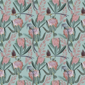 Protea  and sunbird - grey mint