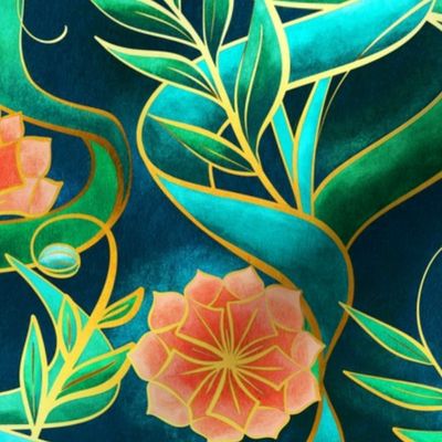 Stylized Art Deco Floral in Jewel Tones - large