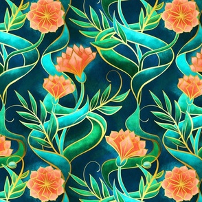Stylized Art Deco Floral in Jewel Tones - large