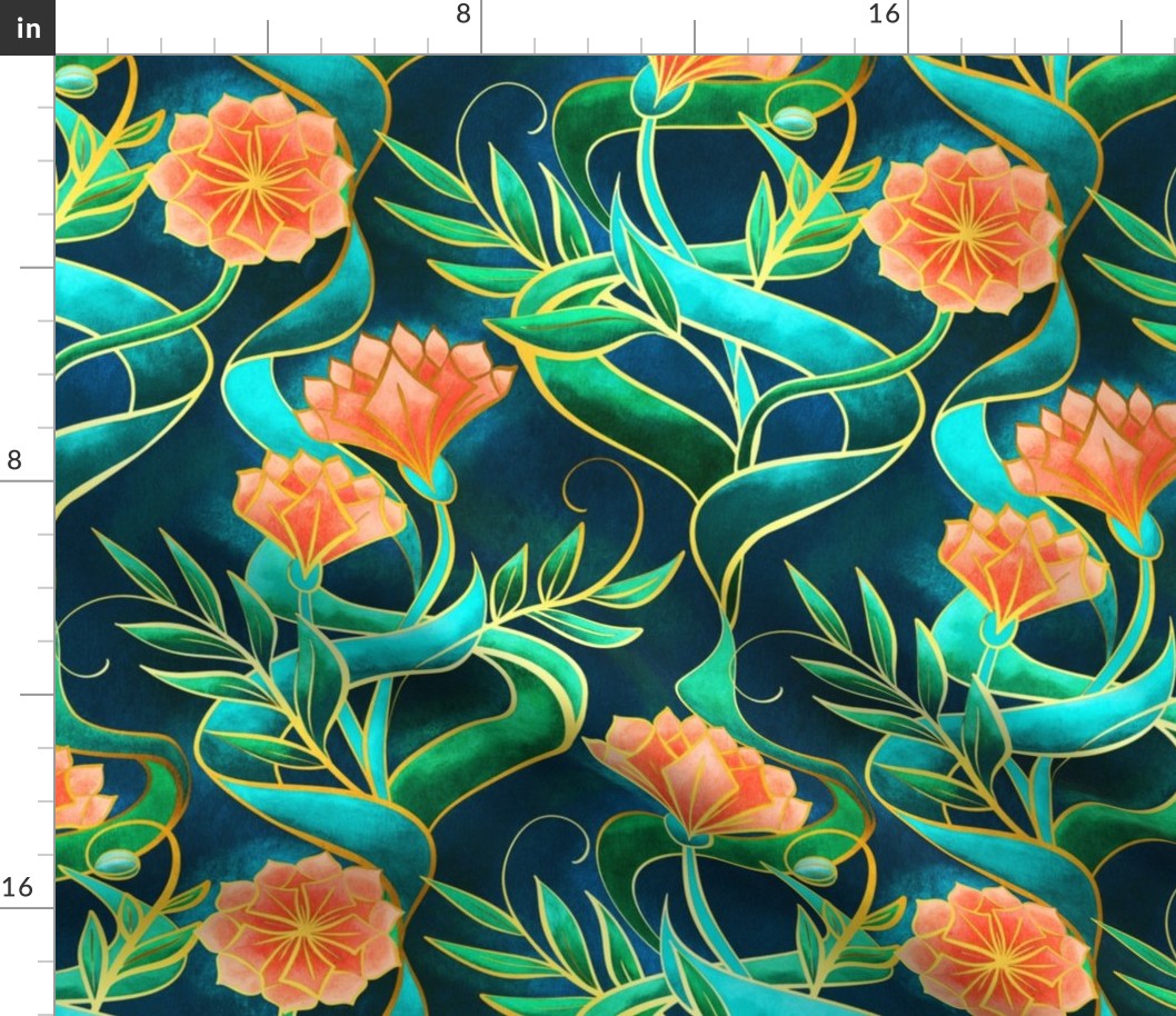 Stylized Art Deco Floral in Jewel Tones - large