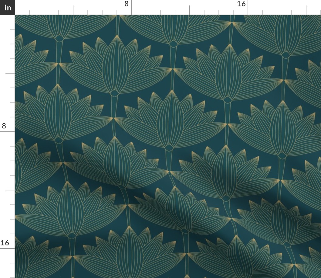 Lotus Art Deco, Deep Teal, Botanical Wallpaper 