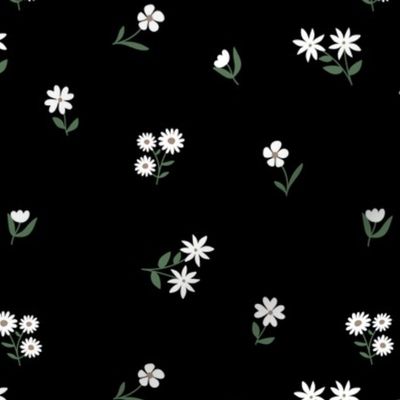 Retro wildflowers scandinavian blossom garden boho floral flowers and vines white green on black  SMALL 