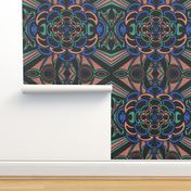 Art Deco Psychedelic Bats In Blue, Black, and Peach