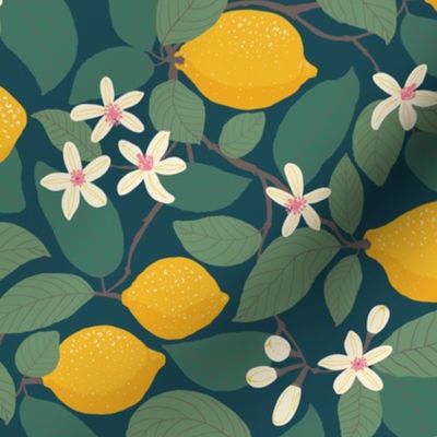 Lemon Tree - Night - botanical with leaves, flowers and yellow fruits