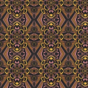 Art Deco Psychedelic Bats In Saddle Brown, Yellow and Pink