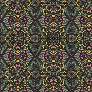 Art Deco Psychedelic Bats In Sage, Yellow, and Pink