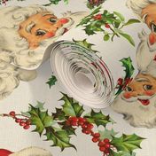 Joyeux Noël - Merry Christmas -  Vintage Santa Claus, nostalgic leaves and berries, green branches  Antique Nursery cutouts - off white