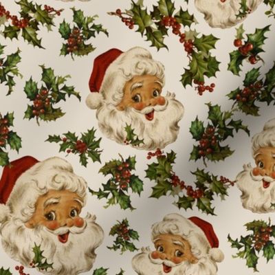 Joyeux Noël - Merry Christmas -  Vintage Santa Claus, nostalgic leaves and berries, green branches  Antique Nursery cutouts - off white sepia