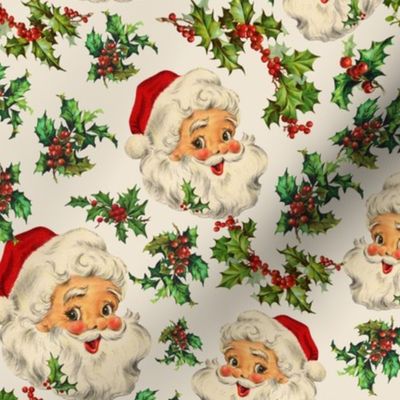 Joyeux Noël - Merry Christmas -  Vintage Santa Claus, nostalgic leaves and berries, green branches  Antique Nursery cutouts - sand