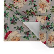 Joyeux Noël - Merry Christmas -  Vintage Santa Claus, nostalgic leaves and berries, green branches  Antique Nursery cutouts - gray