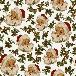 Joyeux Noël - Merry Christmas -  Vintage Santa Claus, nostalgic leaves and berries, green branches  Antique Nursery cutouts - off white sepia