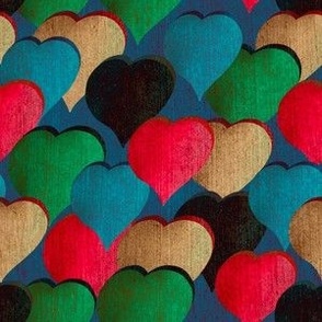Textured 3D hearts small directional  red, green dark blue, cream on blue background