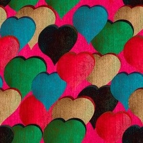 Textured 3D hearts small directional cream, light blue, green, red, dark blue on bright pink background