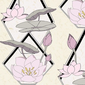 art-deco-wallpaper-lotus_-buds_-leaves_-pink_-white_-mauve_-purple_-white_-silver_-gold_-black-on-cream
