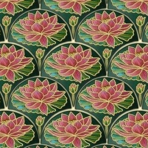 Art Deco waterlily or Lotus tile patterned wallpaper or quilt in pink and green