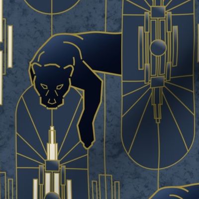 1920s Art Deco Panther Wallpaper Blue