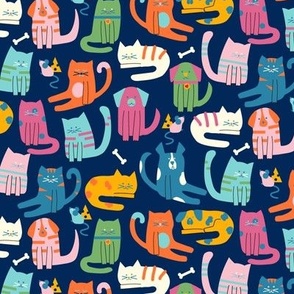 Multi Color Whimsical Cats and Dogs with Mice and Cheese and Bones on Navy Blue Ground Small Scale