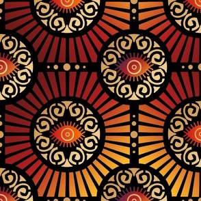 Large Scale Evil Eye Art Deco in Warm Rich Reds and Gold on Black