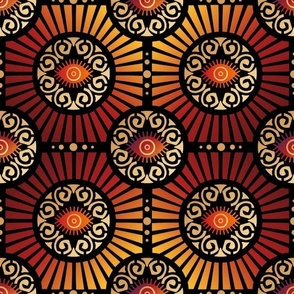 Medium Scale Evil Eye Art Deco in Warm Rich Reds and Gold on Black