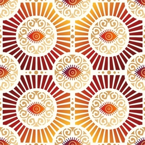 Large Scale Evil Eye Art Deco in Warm Rich Reds and Gold on Ivory