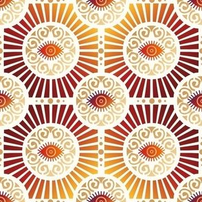 Medium Scale Evil Eye Art Deco in Warm Rich Reds and Gold on Ivory