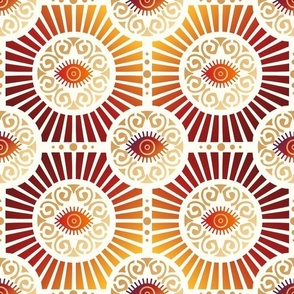 Small Scale Evil Eye Art Deco in Warm Rich Reds and Gold on Ivory