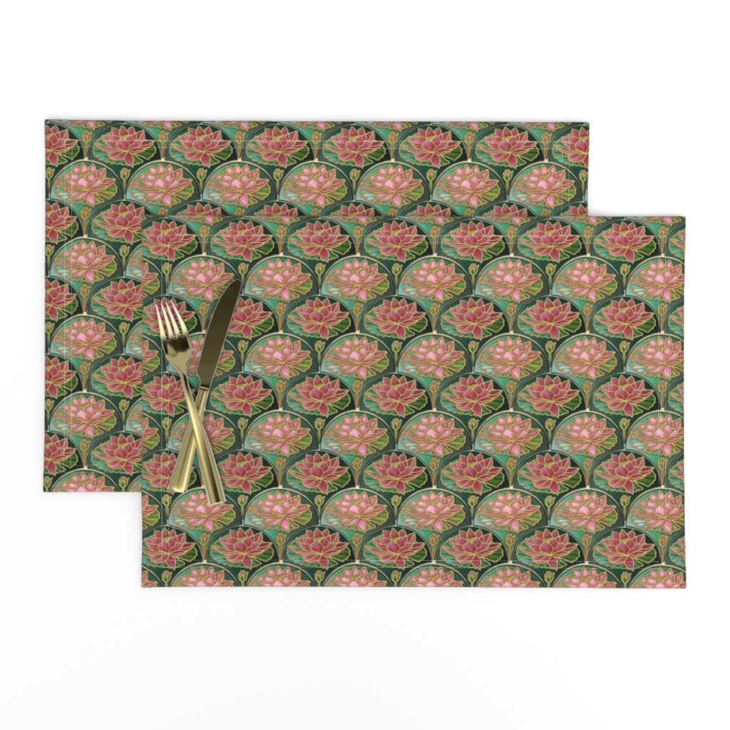 Art Deco waterlily tile wallpaper or quilting fabric in pink and green with gold accents by Magenta Rose Designs