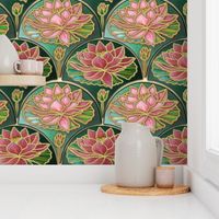 Art Deco waterlily tile wallpaper or quilting fabric in pink and green with gold accents by Magenta Rose Designs