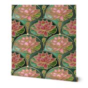 Art Deco waterlily tile wallpaper or quilting fabric in pink and green with gold accents by Magenta Rose Designs