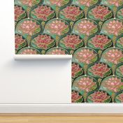 Art Deco waterlily tile wallpaper or quilting fabric in pink and green with gold accents by Magenta Rose Designs