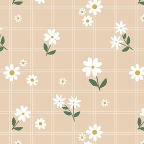 Retro wildflowers on tartan - blossom garden boho floral ditsy flowers and vines soft earthy palette neutral white green on tan beige
