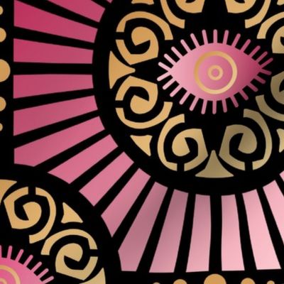 Large Scale Evil Eye Art Deco in Warm Pinks and Gold on Black