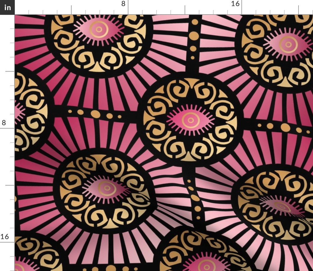 Large Scale Evil Eye Art Deco in Warm Pinks and Gold on Black