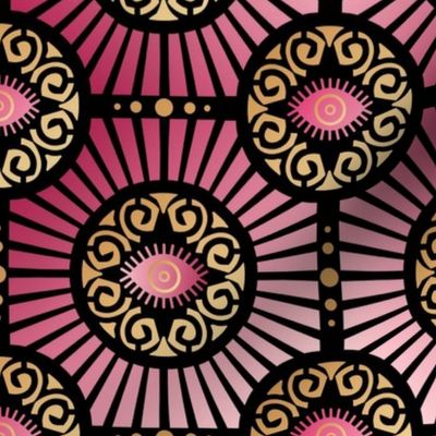 Medium Scale Evil Eye Art Deco in Warm Pinks and Gold on Black