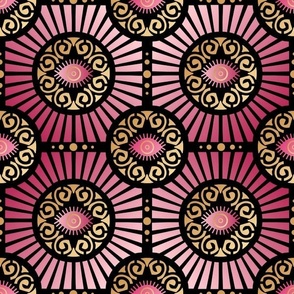 Medium Scale Evil Eye Art Deco in Warm Pinks and Gold on Black