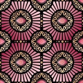Small Scale Evil Eye Art Deco in Warm Pinks and Gold on Black
